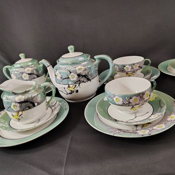 19 Vintage Japanese Cherry Blossom Tea Set Hand-Painted Porcelain Birds, Trees - Picture 10 of 11
